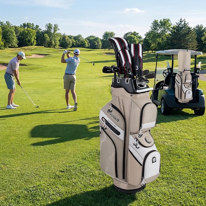 Tangkula Golf Cart Bag with 14-Way Full Length Dividers, 6 Molded Lock Top Golf Club Bag with 11 Pockets, Cooler Bag, Padded Strap, Handles, Umbrella Holder & Rain Hood