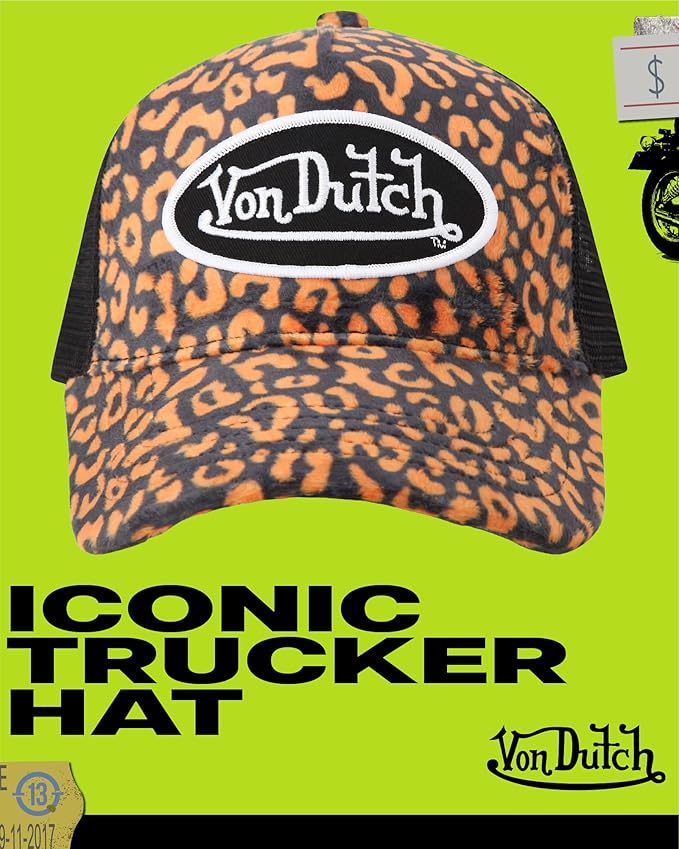 Von Dutch Unisex Trucker Hat - Velvet Curved Bill Mesh Back Retro Classic Adjustable Snapback Baseball Cap for Men and Women