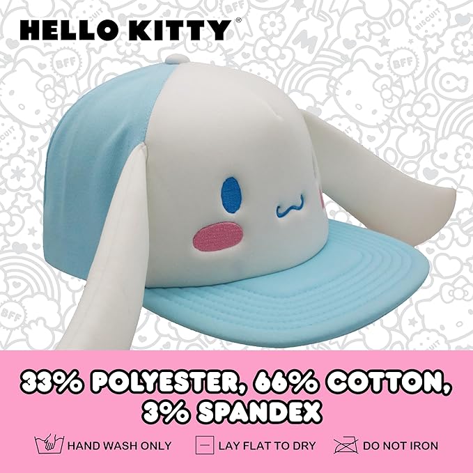 Hello Kitty Baseball Cap, Women's Snapback Hat with Flat Brim and 3D Ribbon and Ears