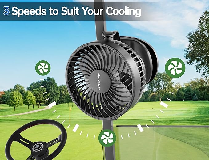 Golf Cart Rechargeable Fan Compatible with EZGO Club Car Yamaha, Golf Palyer Summer Essential 3 Powerful Speeds Clip on Fan with 360° Pivot, 13 Hrs Run Cordless, Battery Operated for Golf Cart