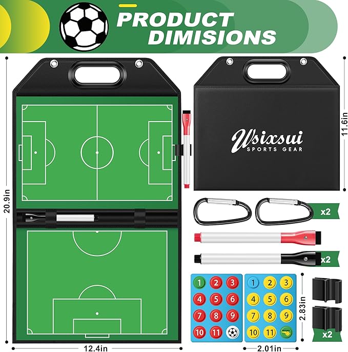 Soccer Coaching Board with Leather Cover, Magnetic Dry Erase Clipboard with Handle for Soccer Coaches | Foldable Full & Half Field Tactics Board with Markers and Clips
