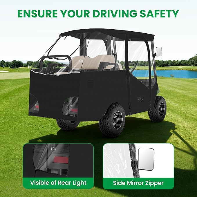 10L0L 2/4 Passenger Golf Cart Enclosure for Yamaha G14 G16 G22 G29 Drive 2,Waterproof 600D Rain Cover,with Side Mirror Opening,Transparent Tail Light Panel,Foldable Door,4-Sided Clear Windows