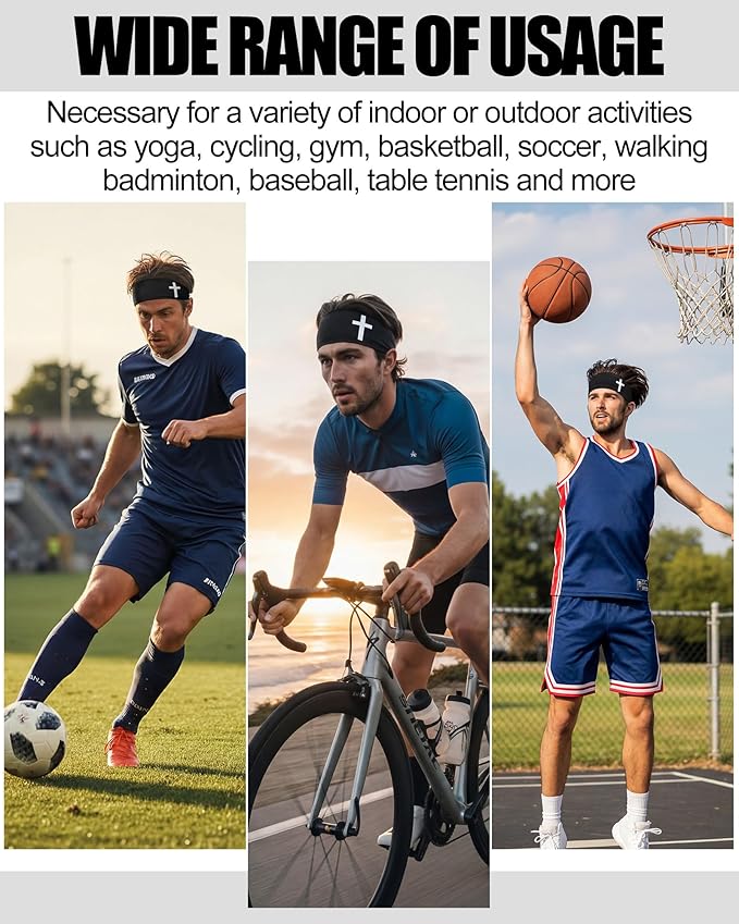 Shihanee 3 Pcs Christian Headbands for Men Jesus Cross Athletic Sweat Bands Christian Workout Accessories Moisture Wicking Sports Hairbands for Football Baseball Basketball Running Training