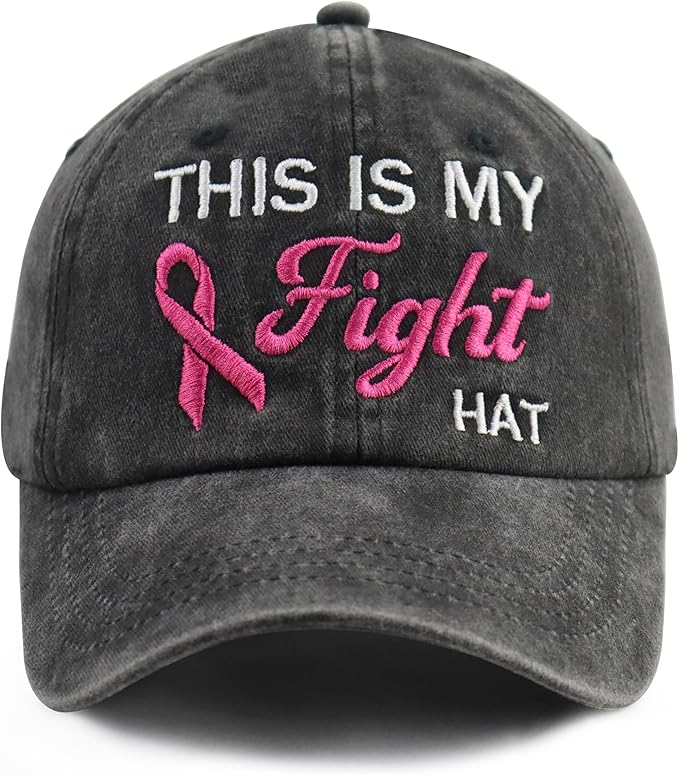 This is My Fight Hat, Adjustable Cotton Embroidered Pink Ribbon Breast Cancer Baseball Cap