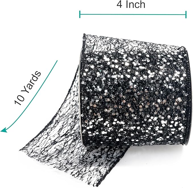 CT CRAFT LLC Sparkling Glitter Mesh Wired Ribbon 4" x 10 Yards Black - Image 2