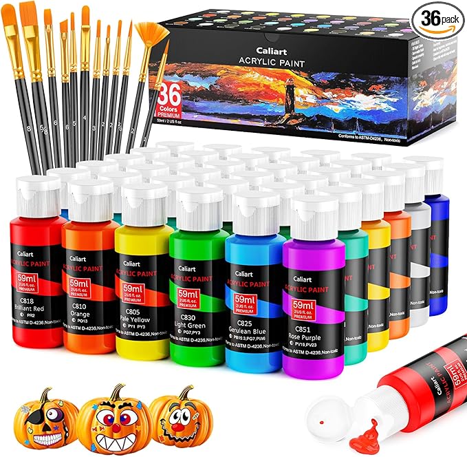 Caliart Acrylic Paint Set with 12 Brushes, 36 Colors Art Craft Paints Gifts by Caliart