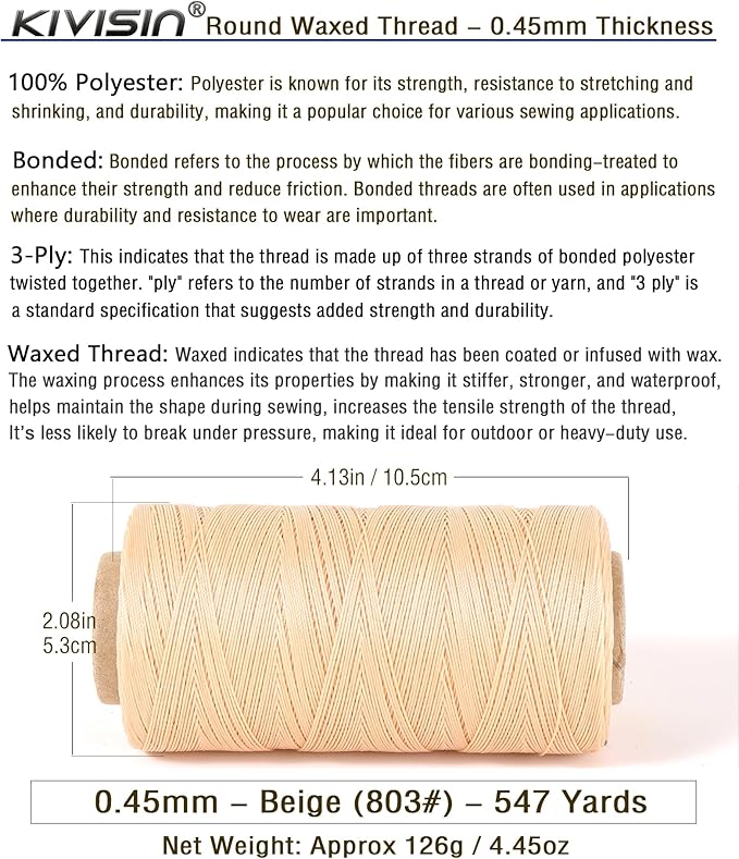 Thin Wax Polyester Thread, 547 Yards, 3 Ply Round Waxed Cord Strings - Image 2