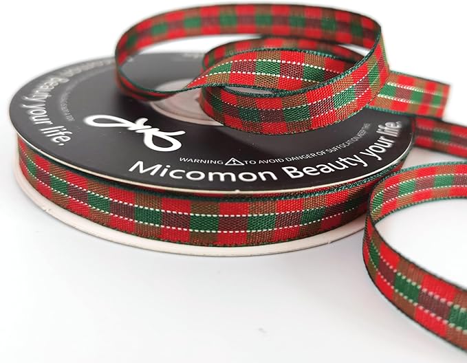 Micomon X'Mas Gingham Ribbon Green Red Metallic Gingham Ribbon 25 Yards Each - Image 7