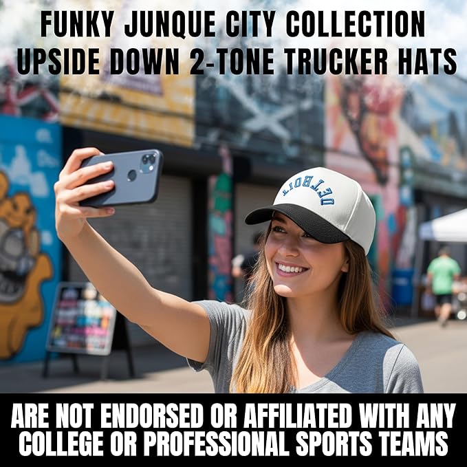 Funky Junque Upside Down City Trucker Hat for Men and Women – Unisex 3D Embroidered Gameday Baseball Cap, Retro Snapback Hats