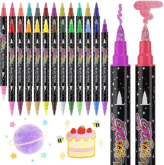 48 Colors Dual-tip Watercolor Markers, 24 Pack Glitter Brush Markers, by LIULIUCAI