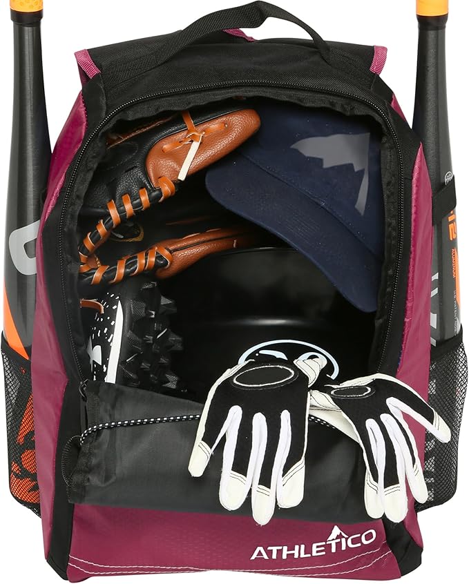 Athletico Youth Baseball Bag - Bat Backpack for Baseball, T-Ball & Softball Equipment & Gear | Holds Bat, Helmet, Glove | Fence Hook