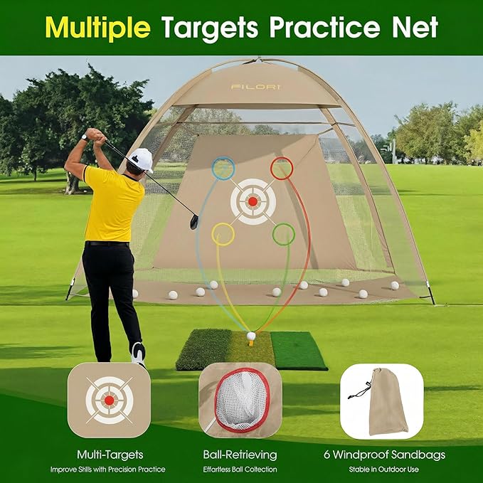FILORI Golf Practice Net 10x7FT - Golf Hitting Net with Tri-Turf Mat, 8 Balls, Tee & Carry Bag, Indoor/Outdoor Backyard Training for Driving Chipping Swing, Ideal Gifts