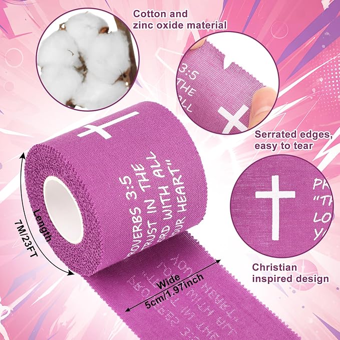 MiniInflat 2 Pcs Christian Cross Athletic Tape Sports Tape 2in x 23ft Religion Jesus Wrist Wrap for Soccer Football Baseball, Gift for Graduation Teacher Nurses Week Pentecost(Purple,Proverbs)