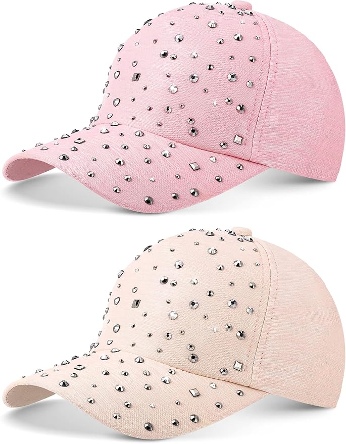 Loopeer 2 Pcs Adjustable Breathable Rhinestone Baseball Cap for Women Men Sequins Casual Sports Cap Rhinestone Hat