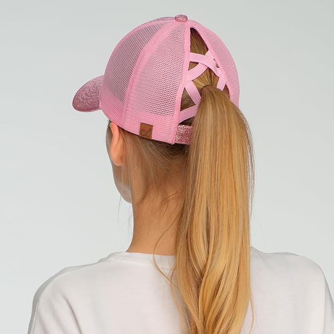 C.C Ponycap Messy High Bun Ponytail Adjustable Glitter Mesh Trucker Baseball Cap
