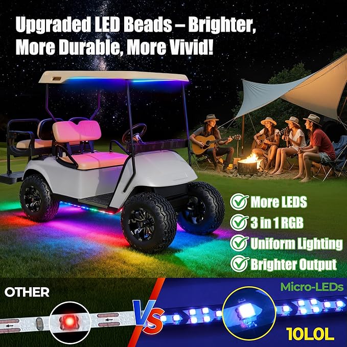 10L0L 6 Pack Golf Cart Underglow Lights,RGB LED Light Strips Waterproof Underbody Lighting Kit for Yamaha EZGO Golf Cart Accessories