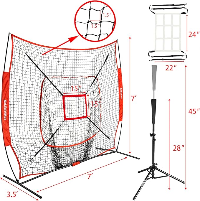 BaseGoal 7'×7' Baseball Softball Practice Net,Baseball Backstop,with Batting Tee,for Hitting Pitching Batting Catching with Bow Frame,Bonus Strike Zone
