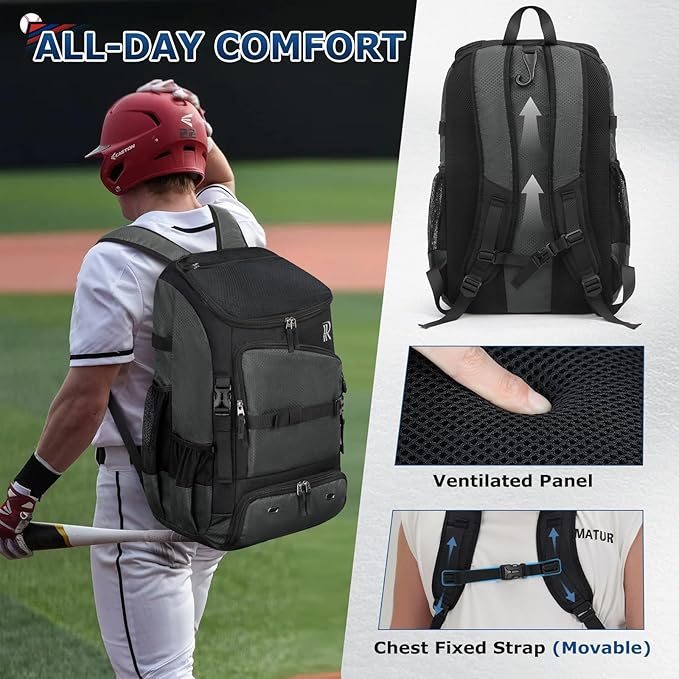 RAINSMORE Baseball Bag for Youth & Adult 40L Large Softball Bag Lightweight Baseball Backpack with Helmet Holder, Shoe Compartment, Fence Hook Waterproof Bat Bag for Baseball Softball Tball Equipment