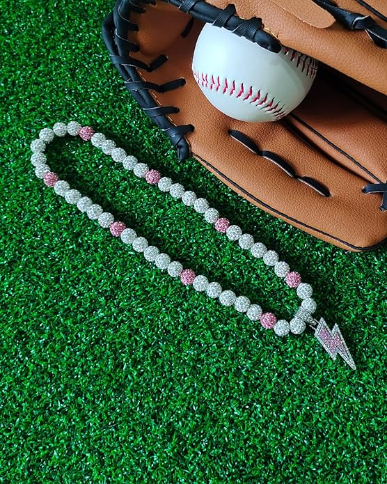 Baseball Necklace for Men 16/18/20 Inch Bling Ice Collection Lightning Bolt Pendant Necklace for Women Rhinestone Clay Beaded Discoball Accessories Gifts for Baseball Team Players Lovers