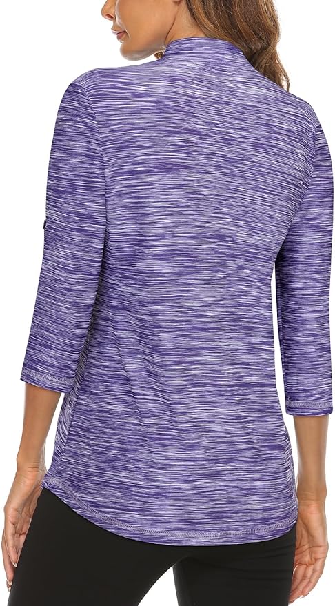 Koscacy Women's 3/4 Roll Sleeve Golf Tennis Polo Shirts UPF50+ Half Zip Dry Fit Workout Tops Athletic Shirt