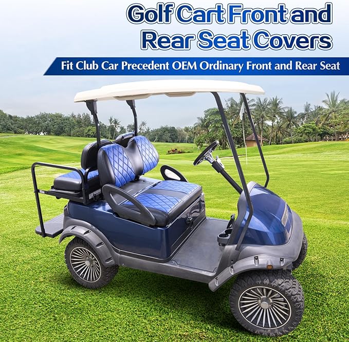 NOKINS 4PCS Golf Cart Diamond Seat Covers Kit,Front and Rear Seat Covers for Club Car Precedent/EZGO TXT/Yamaha Original Regular Seat Cushion (Blue and Black, Club Car Precedent)