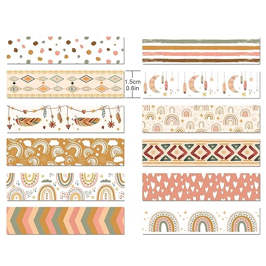 12 Rolls Washi Tape Boho Washi Tape Set Vintage Rainbow Sun Stars Masking Tapes - Image 2