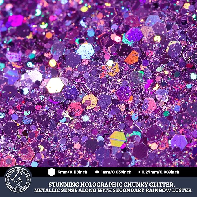 LEOBRO Purple Glitter, 160g/5.64oz Holographic Chunky Glitter - Image 3