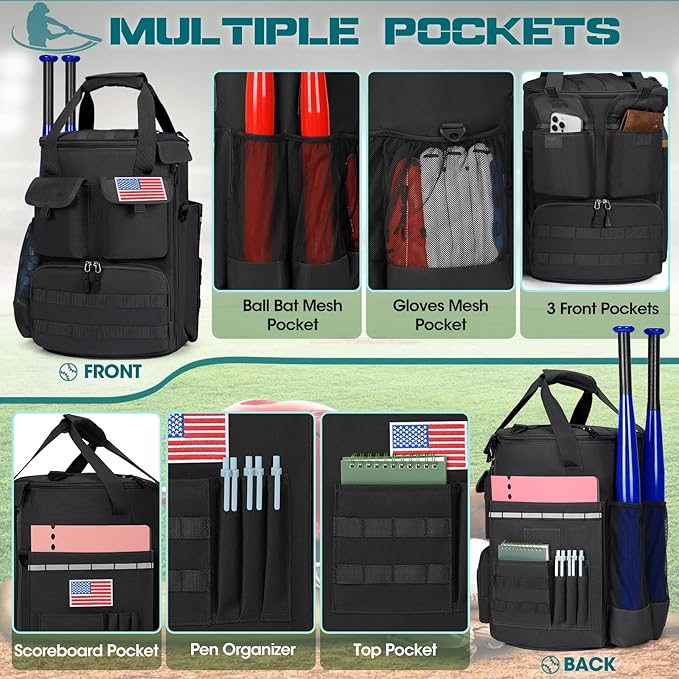 RAINSMORE Baseball Bucket Bag Baseball Coaches Accessories Organizer with Insulation Pocket Tactical Softball Bag with Anti-Slip Bottom, Multiple Pockets for Bat, Gloves, Scoreboards