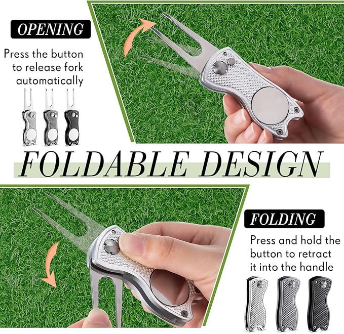 Poen 24 Pcs Golf Accessories, 12 Pcs 3 Colors Foldable Metal Golf Divot Repair Tools, 12 Black Towels with Carabiner Clip, Bulk for Golfers Prizes Gifts Club Supplies