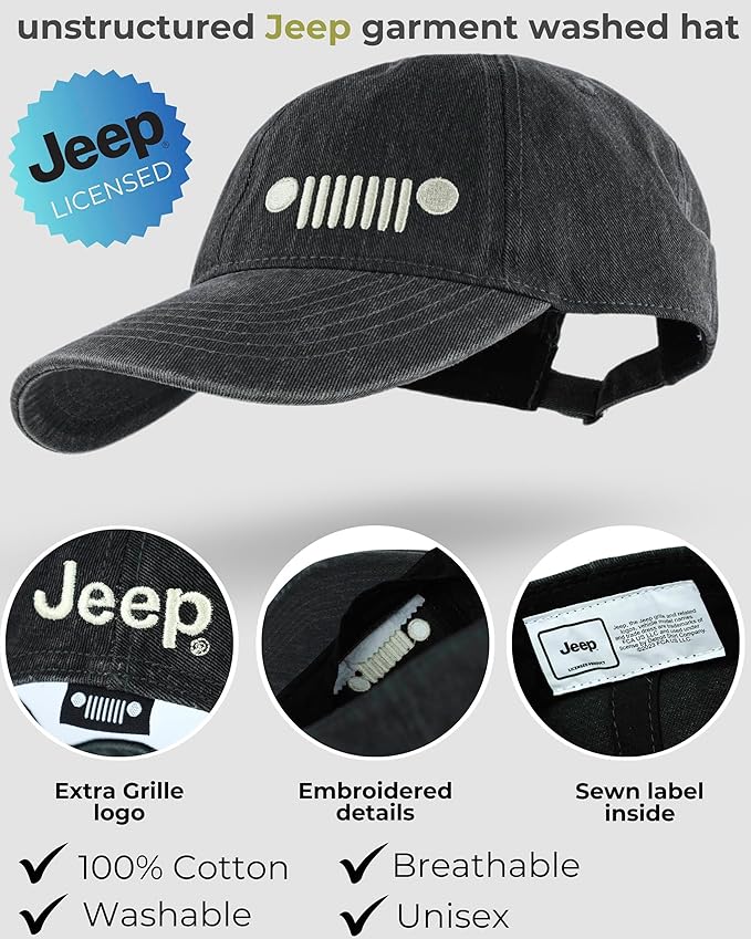 Jeep Grille Logo Garment Washed Baseball Cap – Adjustable Black Hat with Embroidered 7-Slot Grille