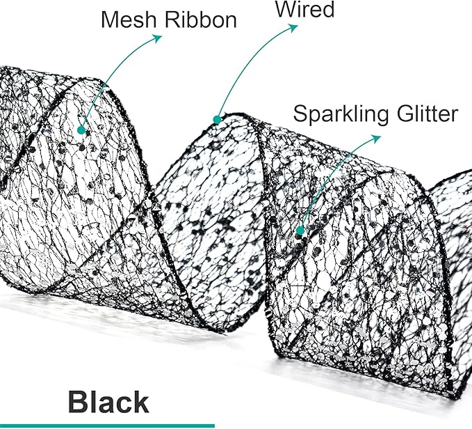 CT CRAFT LLC Sparkling Glitter Mesh Wired Ribbon 6" x 10 Yards Black - Image 3