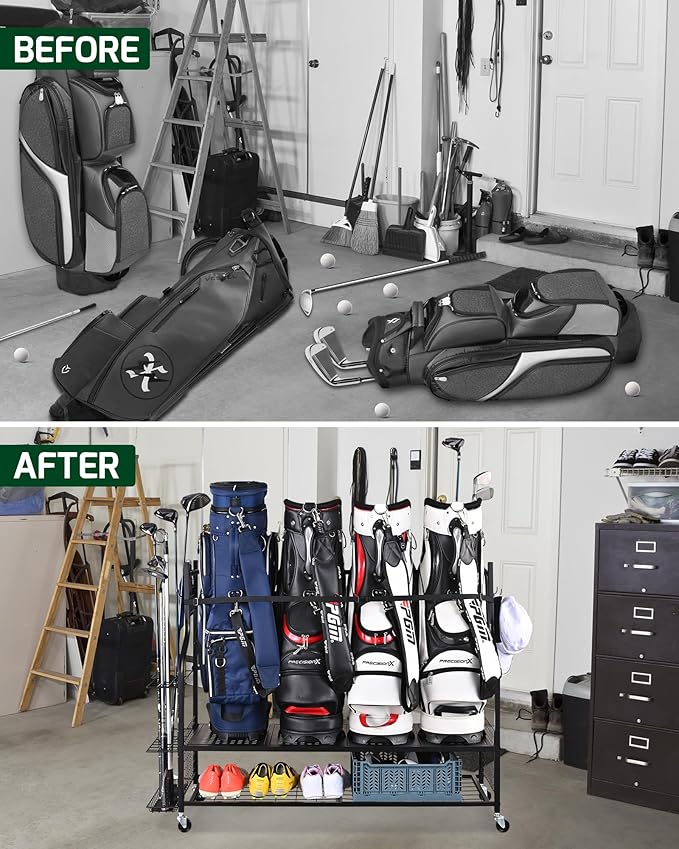 Mythinglogic 4 Golf Bag Storage Organizer, Extra Large Golf Storage Stand for Golf Bag Accessories, Golf Storage Rack for Garage, Golf Club, Basement