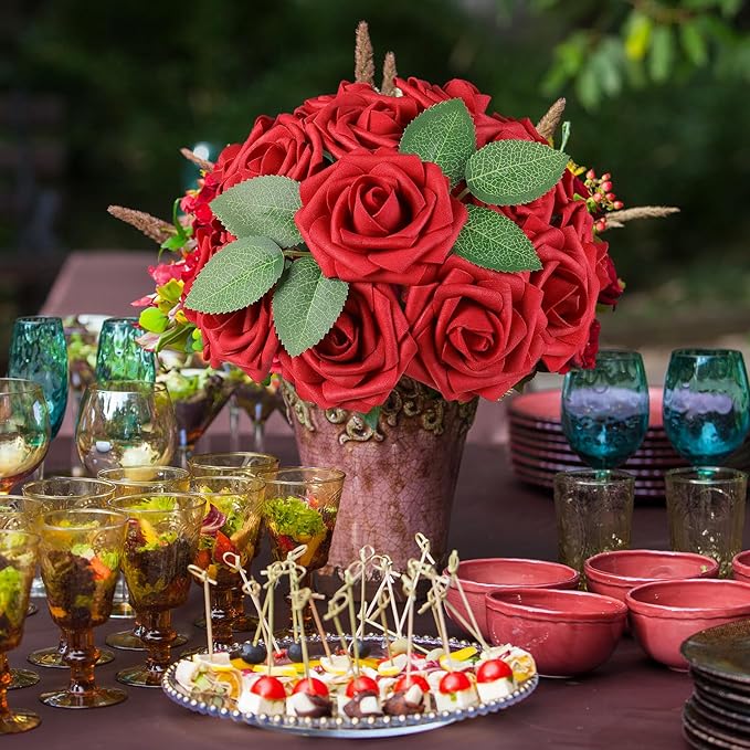 AmyHomie 25pcs Real Looking Artificial Red Roses w/Stem - Image 2