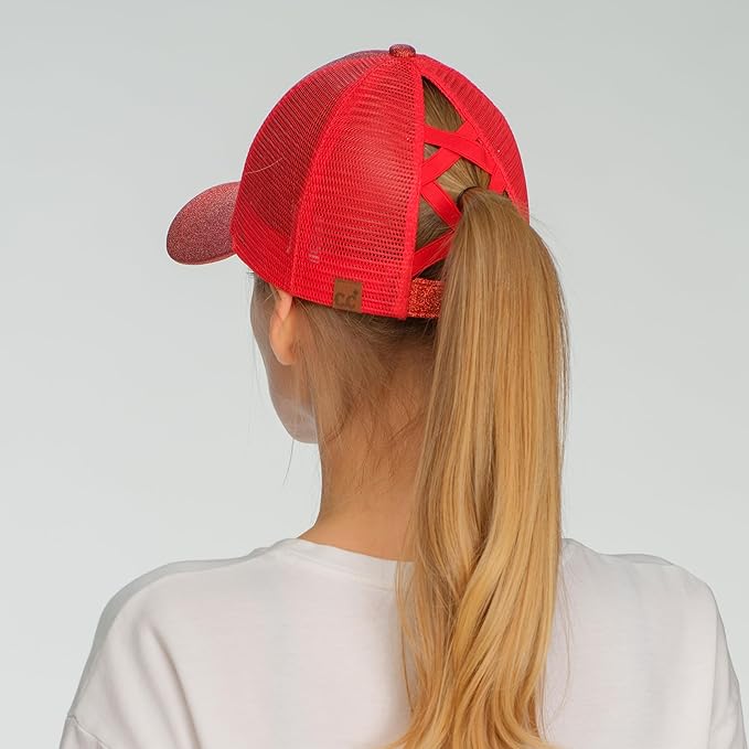 C.C Ponycap Messy High Bun Ponytail Adjustable Glitter Mesh Trucker Baseball Cap