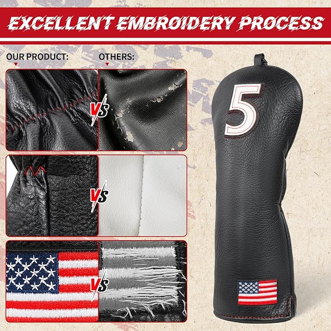 Golf Head Covers, US Flag Patriotism Golf Club Cover for Woods and Driver, Fairway, Hybrid - Premium Leather Golf Club Head Covers with Interchangeable Tags