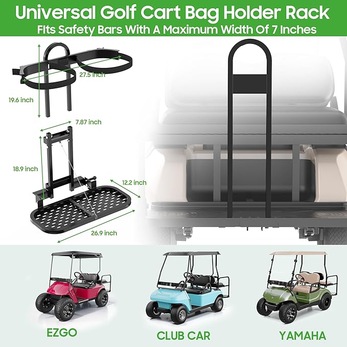 10L0L Universal Foldable Golf Cart Rear Seat Bag Holder, No-Drill Installation Rear Bag Rack for EZGO Club Car Yamaha Golf Carts, Fits Safety Grip Bar up to 8" Wide