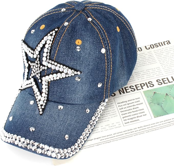 Hoce Fashion Rhinestone Denim Baseball Cap Studded Bling Hat for Women