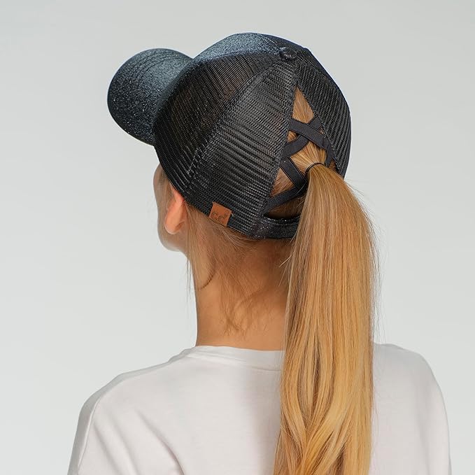 C.C Ponycap Messy High Bun Ponytail Adjustable Glitter Mesh Trucker Baseball Cap