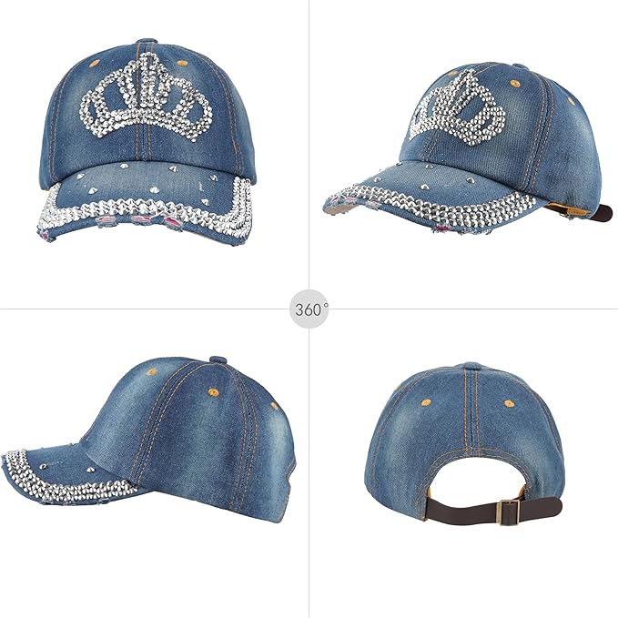 Hoce Fashion Rhinestone Denim Baseball Cap Studded Bling Hat for Women
