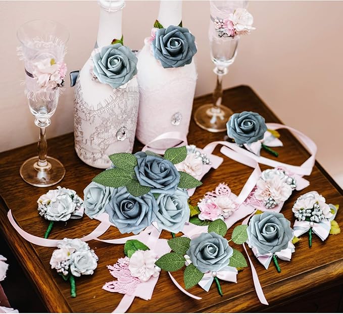 AmyHomie Artificial Flower Dusty Blue Shades Rose 25pcs Real Looking Fake Roses - Image 6