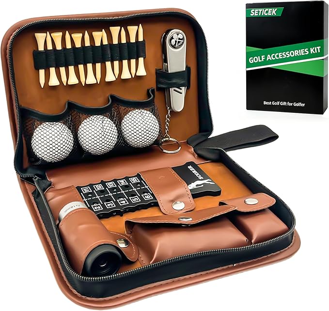 Seticek Golf Gifts for Men and Women,Golf Accessories Set with Gift Boxes, Golf Ball,Golf Tees,Brush,Multifunctional Divot Knife,Golf Ball Clamp,Rangefinder,Scorer