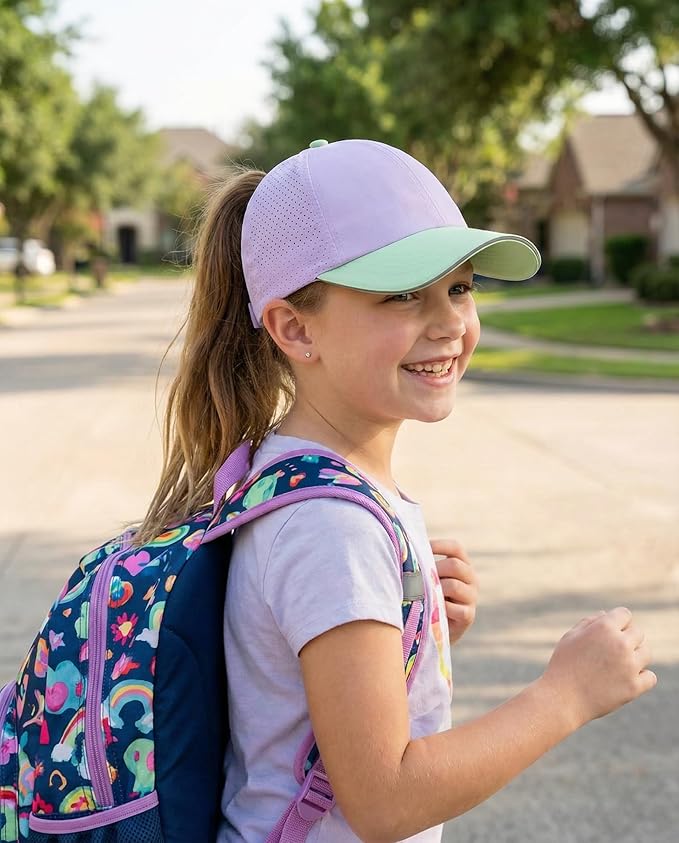 Little Girls Reflective Baseball Cap Criss Cross Ponytail Hat Kids Quick Dry Mesh Summer Sports Hat for Toddler Ages 3-8