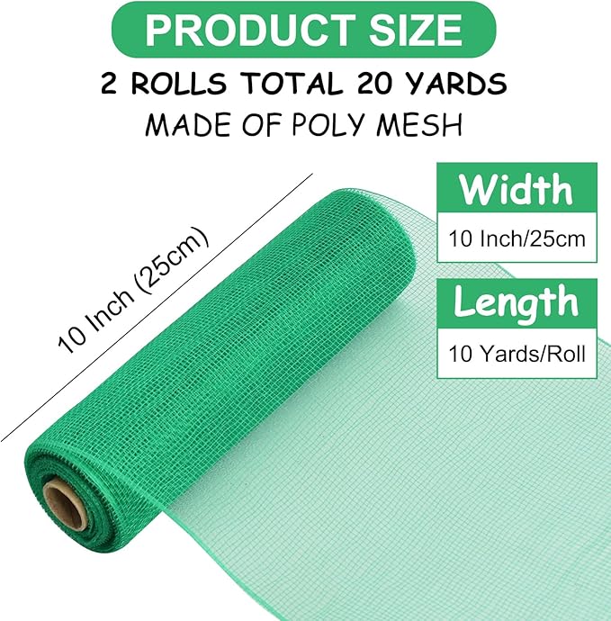 TONIFUL 2 Rolls 10 Inch Green Decorative Mesh Ribbbon Rolls, Fabric Mesh - Image 2