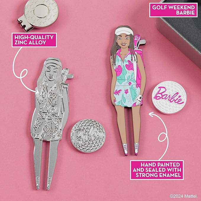 Barbie Golf Weekend Golf Divot Tool Set with Magnetic Ball Marker with Hat Clip, Pink Golf Accessories and Collectible Gift Tin, Chic Golf Tools for Women Golfers