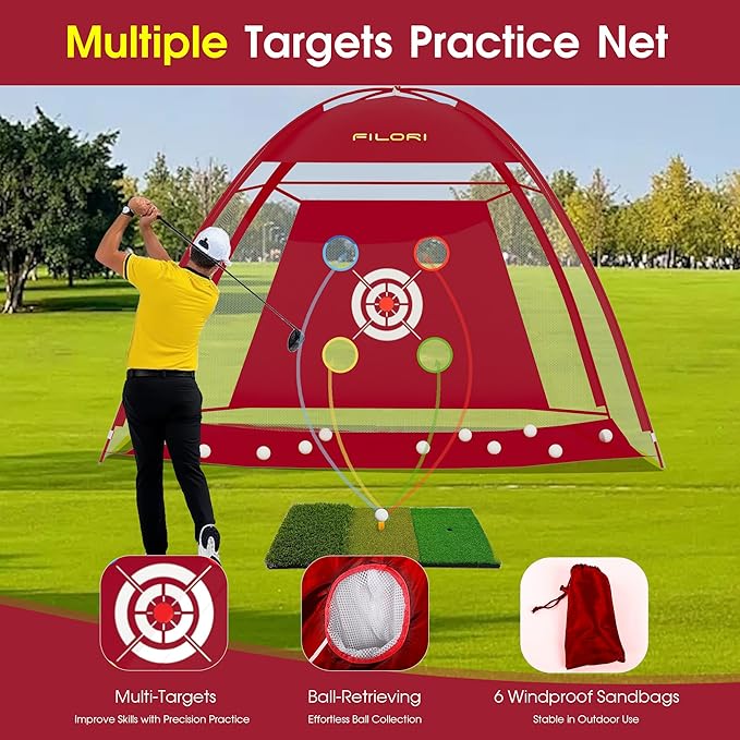 FILORI Golf Practice Net 10x7FT - Golf Hitting Net with Tri-Turf Mat, 8 Balls, Tee & Carry Bag, Indoor/Outdoor Backyard Training for Driving Chipping Swing, Ideal Gifts