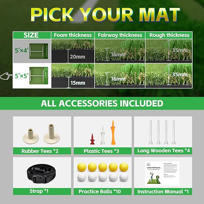 (Enlarged×Thickened) Golf Mat 1.22in/1.42in, 5x4ft/5x5ft Dual-Turf Golf Hitting Mat with Ball Tray for Indoor Outdoor, Heavy Duty Commercial Golf Mat, High-Elasticity Golf Practice Mat for Simulator