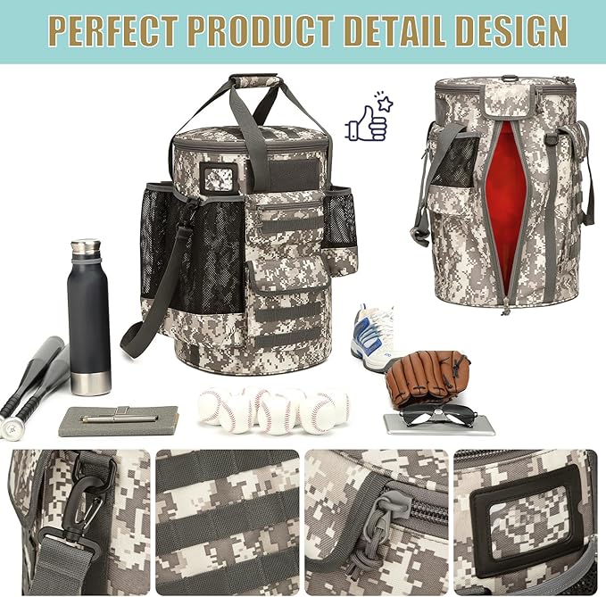 Baseball Bucket Bag Baseball Coaching Accessories Organizer Tactical Style Softball Bucket Bag with Anti-Slip Bottom, Multiple Pockets for Bat, Gloves, Scoreboards