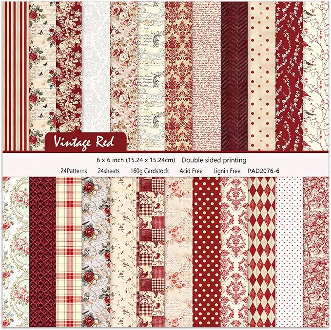 24 Sheets Red Aesthetic Scrapbooking Paper Pad - 6In x 6In Double Sided Flowers by EAMOTOL