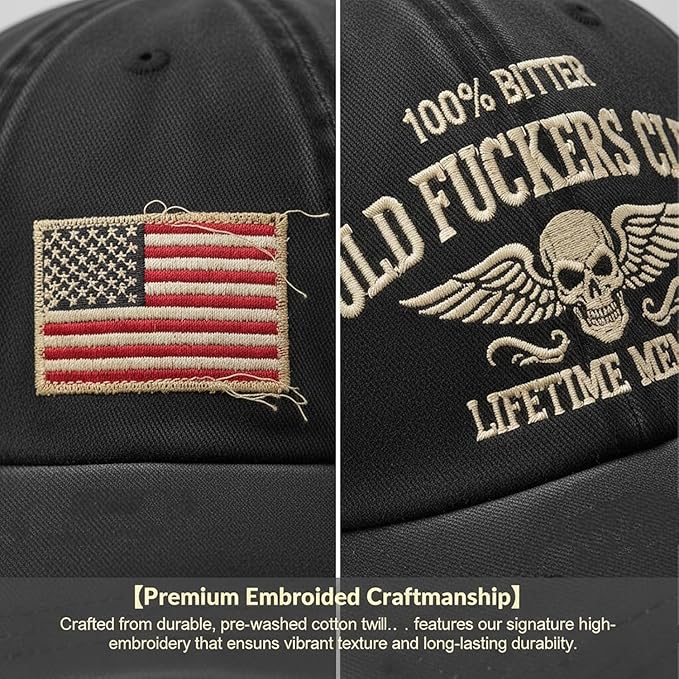 Old Fuckers Club-Vintage Baseball Cap, Hand-Embroidery Adjustable Wash Old Fuckers Club100% Bitter Lifetime Member Hat