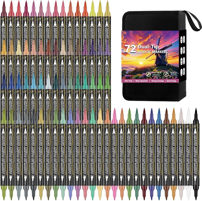 72 Colors Dual Tip Acrylic Paint Markers，Waterproof, Odorless Acrylic Markers by AcrylicAura